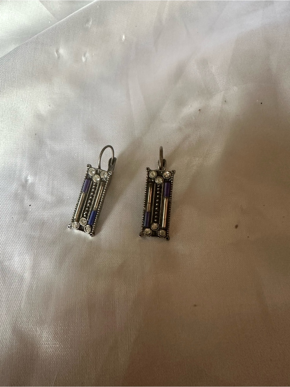 Art Deco Rectangle Drop Earrings with Blue & Crystal Accents